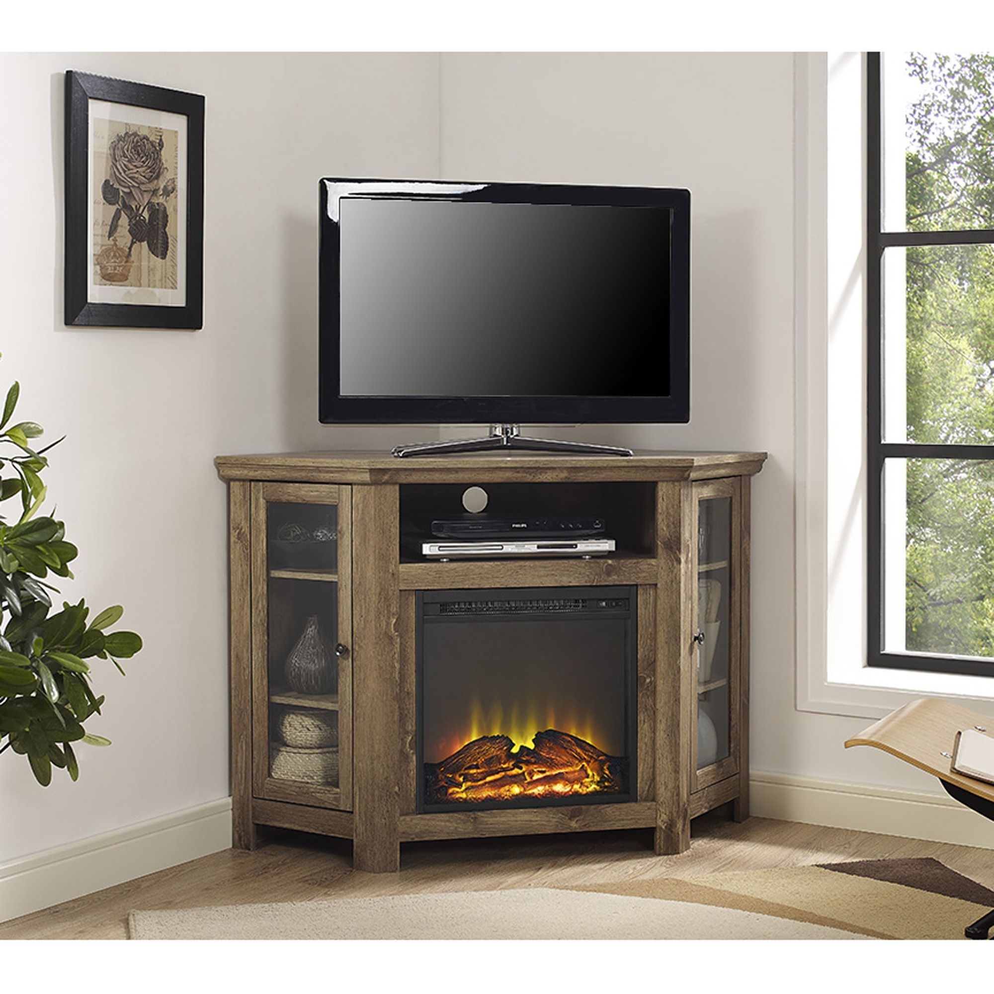 Loon peak pueblo corner tv stand with electric fireplace