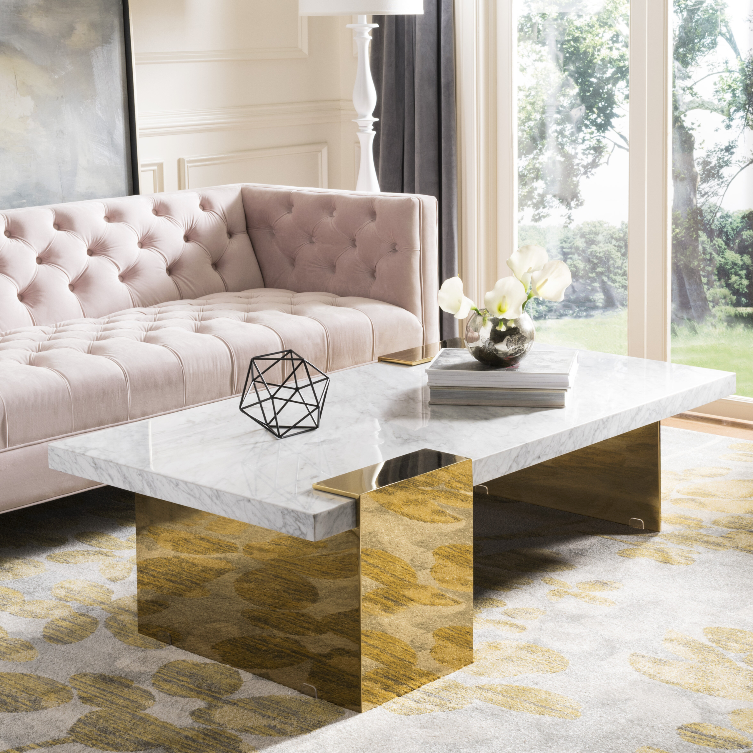 40.5 x 79 x 79 cm Kandla Grey Large Round Marble Coffee Table for Living Room with Gold Metal Legs Roseland Furniture Unique Contemporary Stylish Chic Sofa Table 