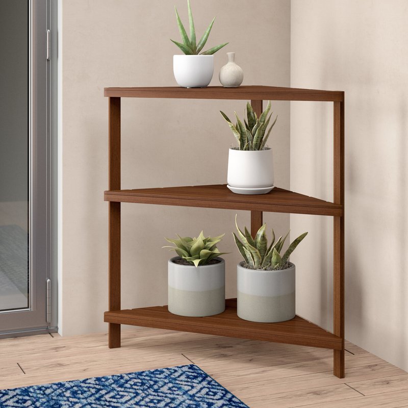 Natural Meranti Solid Wood Triangular Corner Plant Stand