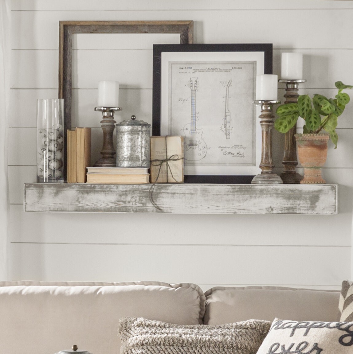 Oldbury Naite Floating Shelf in Shabby White/Gray Solid Wood Handmade Rustic Style Wall Shelf
