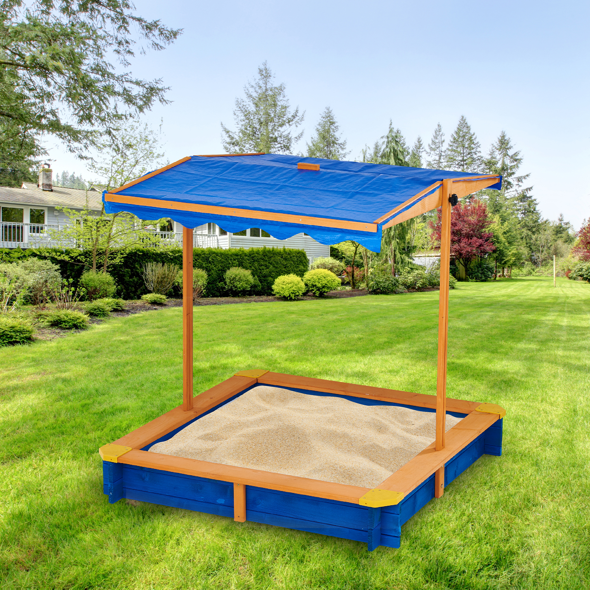 46" x 6" Solid Wood Square Blue Sandbox with Cover
