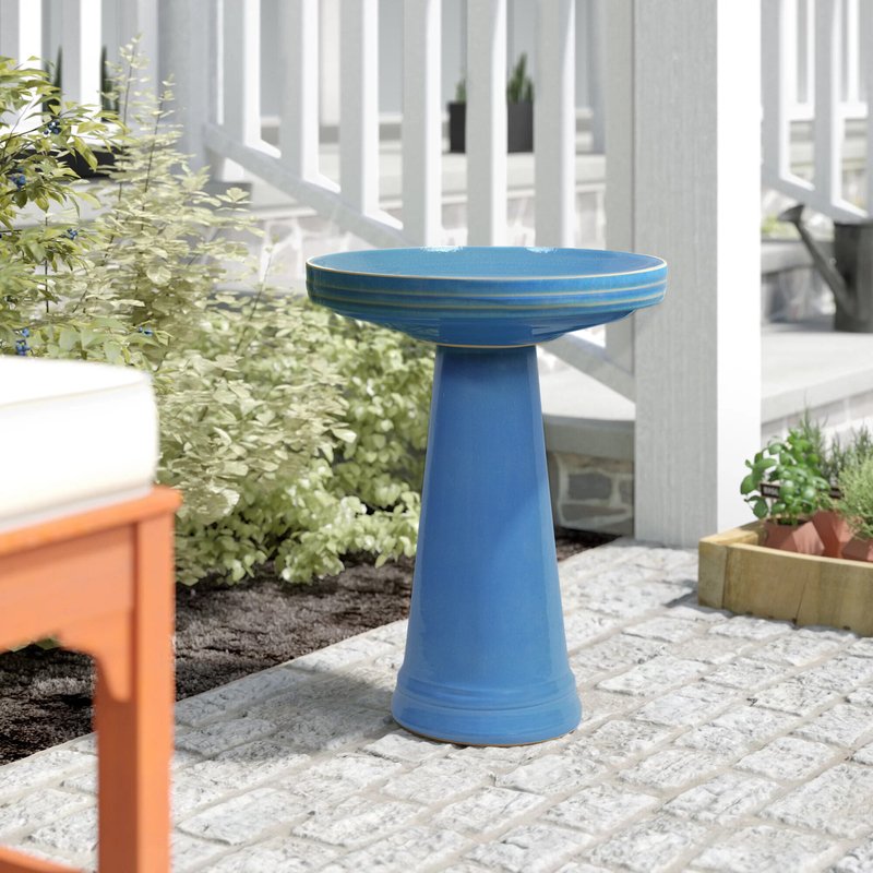 Blue Classic Ceramic Pedestal Birdbath
