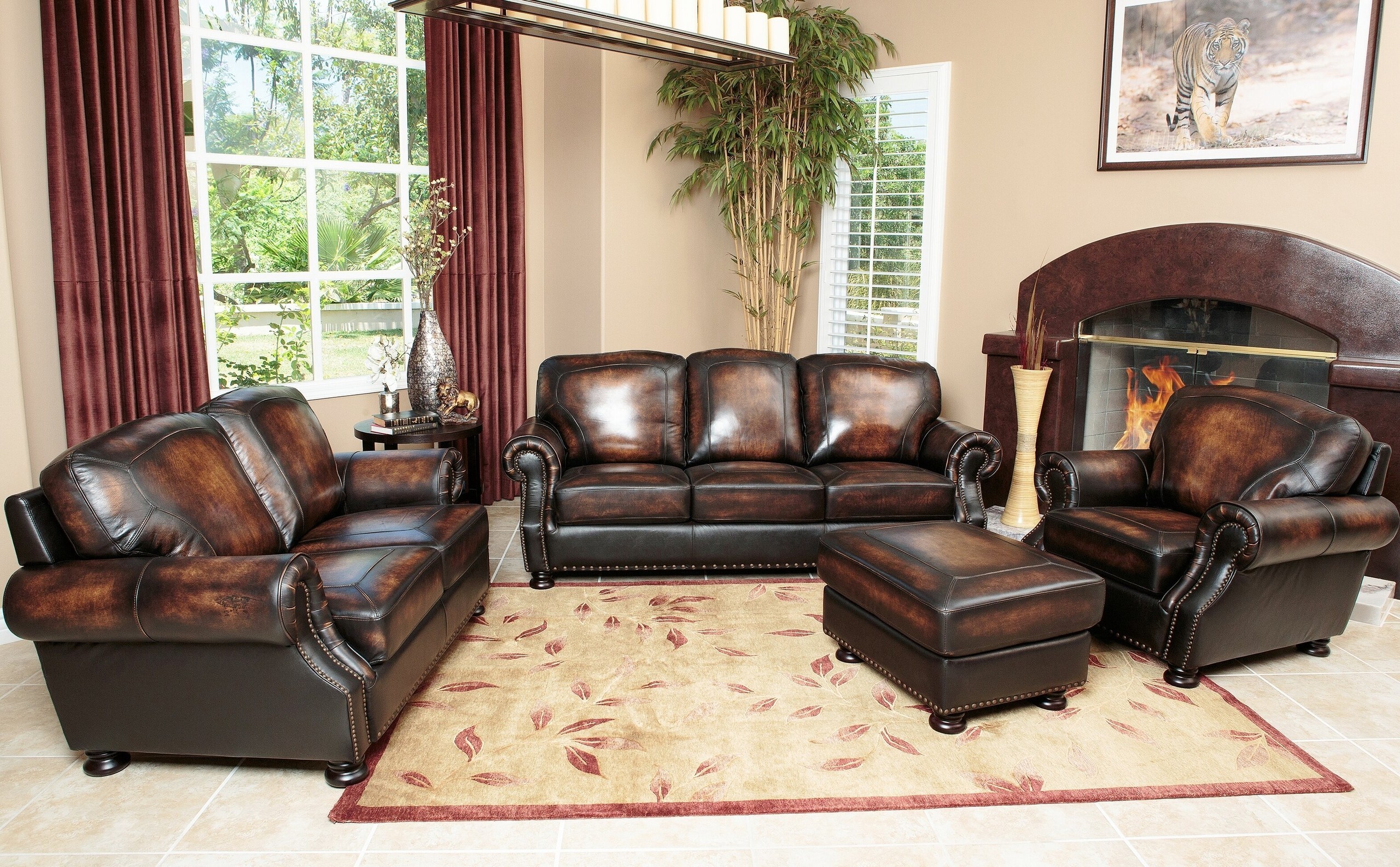 Suede And Leather Brown Living Room Set
