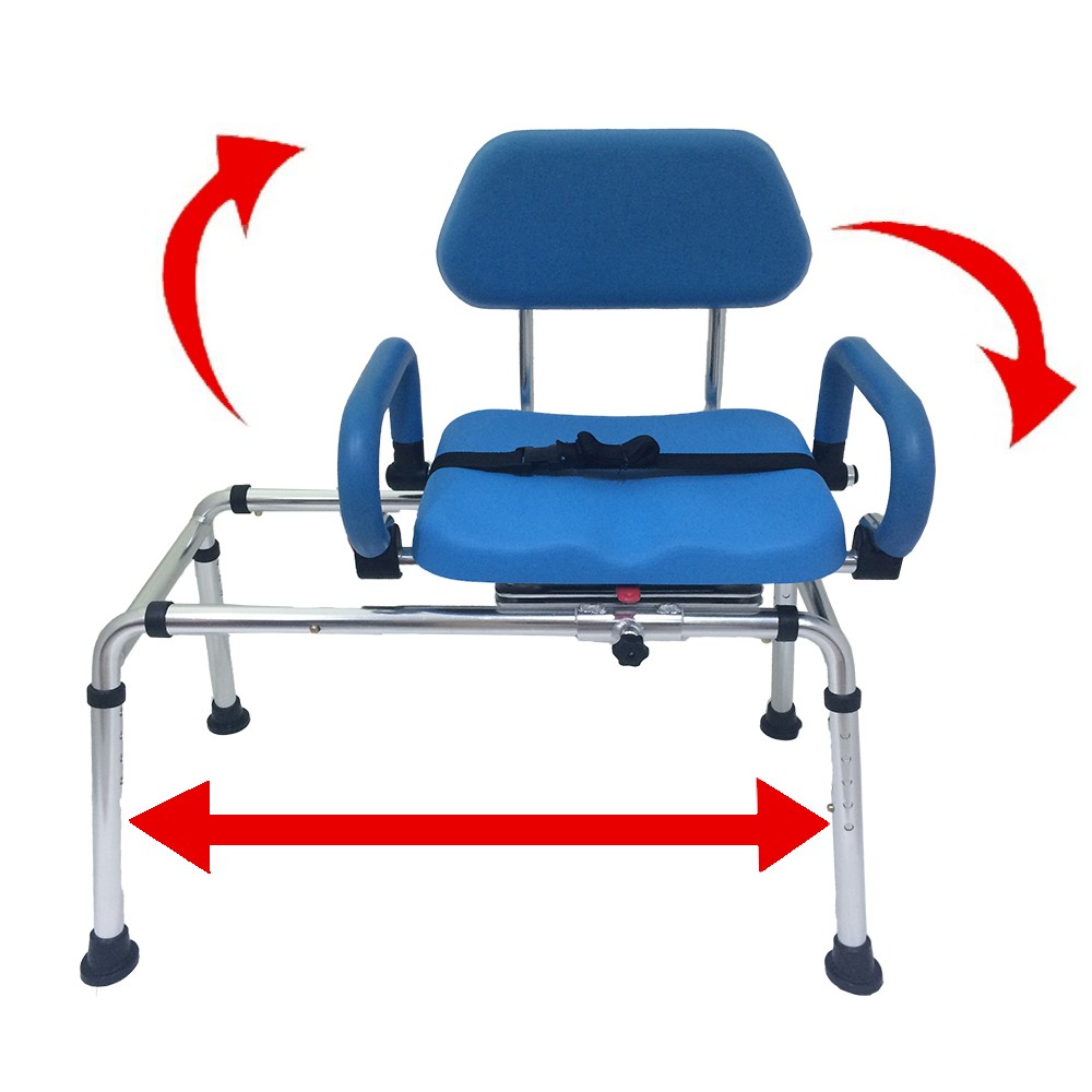 Carousel Sliding Transfer Bench with Swivel Seat. Premium PADDED Bath and Shower Chair with Pivoting Arms. Space Saving Design for Tubs and Shower.