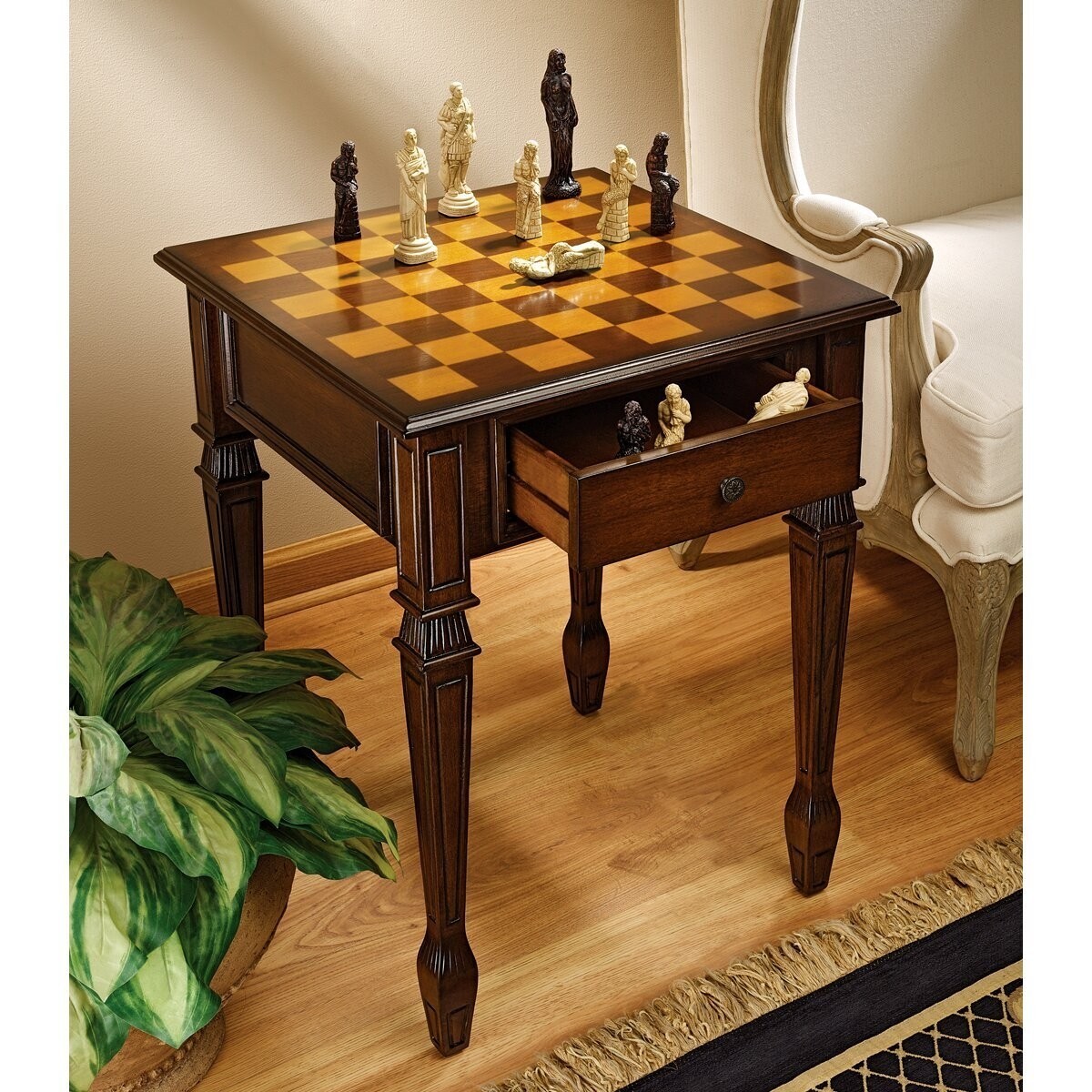 Round Chess Set With Board Wooden Chess Table With Storage 