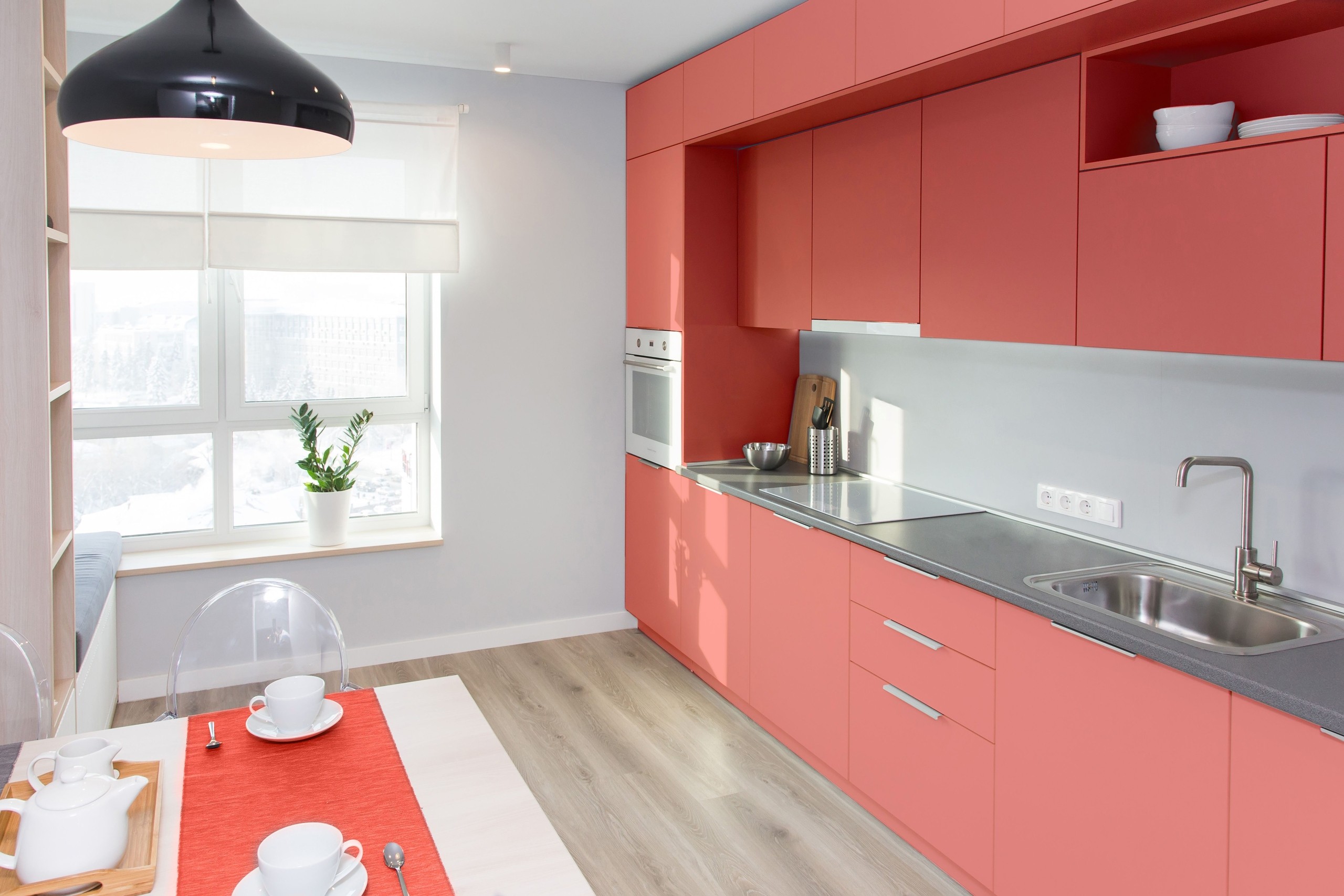 Coral And White Kitchen Design 