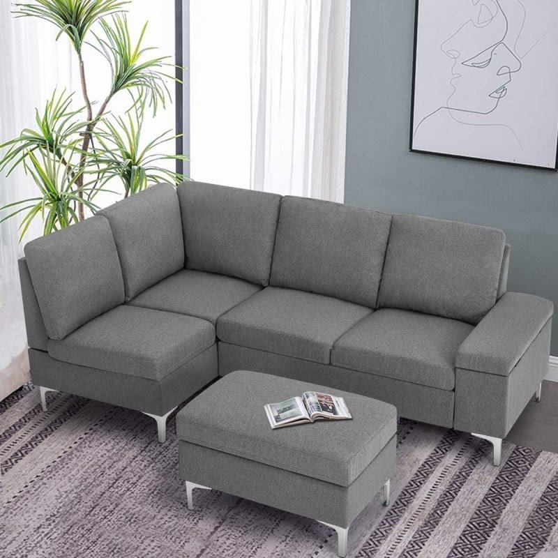 Esright Convertible Sectional Sofa Couch with Ottoman, Sofa Armrest with Storage Function, L-Shaped Sofa with Gray Linen Fabric, for Living Room or Apartment (Left)