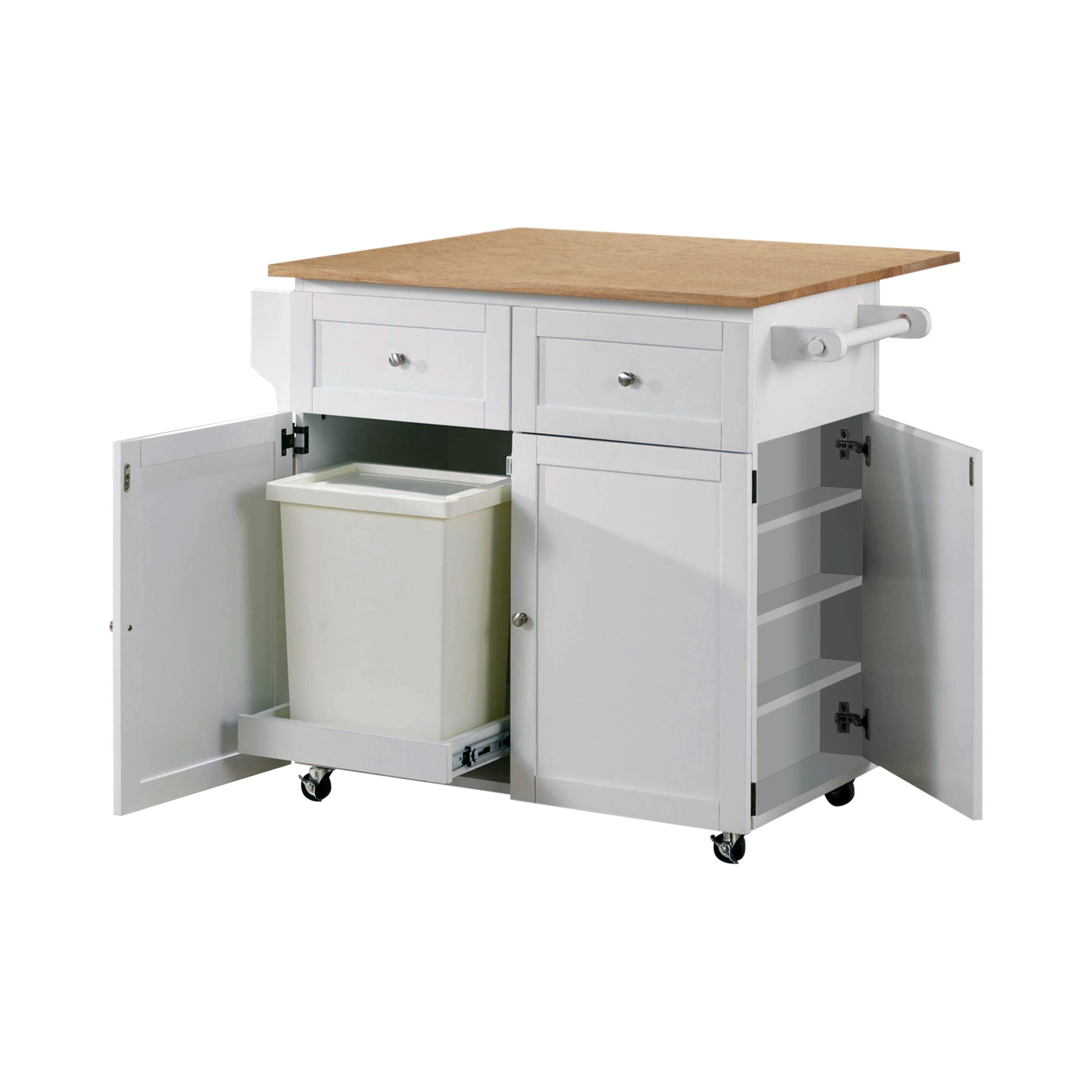 Kitchen Cart with Leaf, Trash Compartment and Spice Rack Natural Brown and White