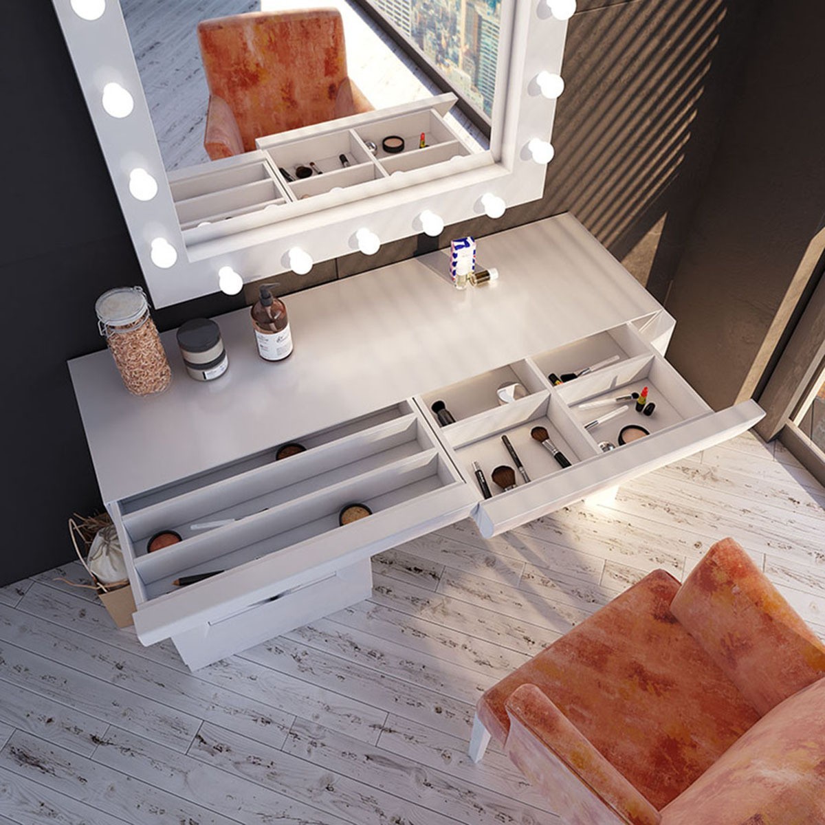 Manufactured Wood Vanity Set With Stool Manufactured Wood Vanity Set With Stool