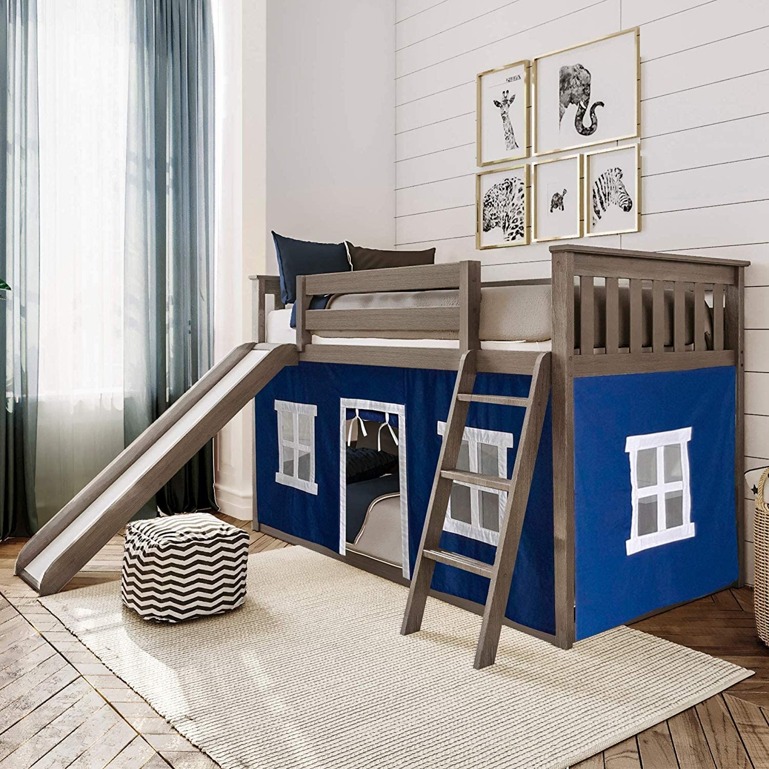 Max &amp; Lily Twin Low Bunk Bed with Slide and Blue Curtains, Clay
