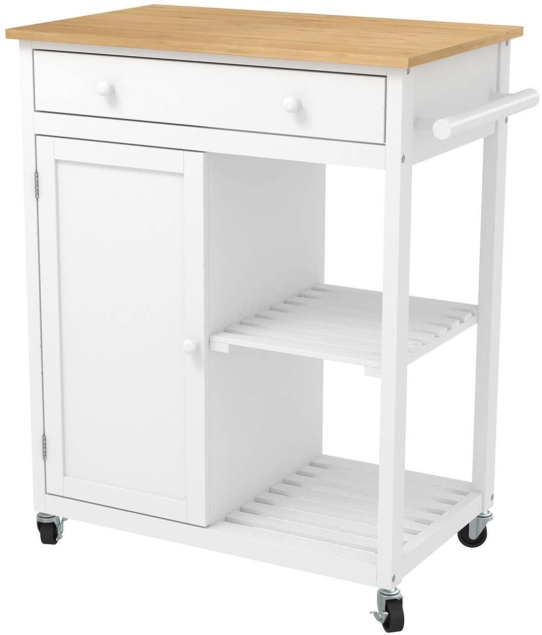 Mecor Kitchen Island Cart w/Wood Top, Rolling Utility Trolley on Wheels with Storage Drawer, Shelves and Cabinet (White)