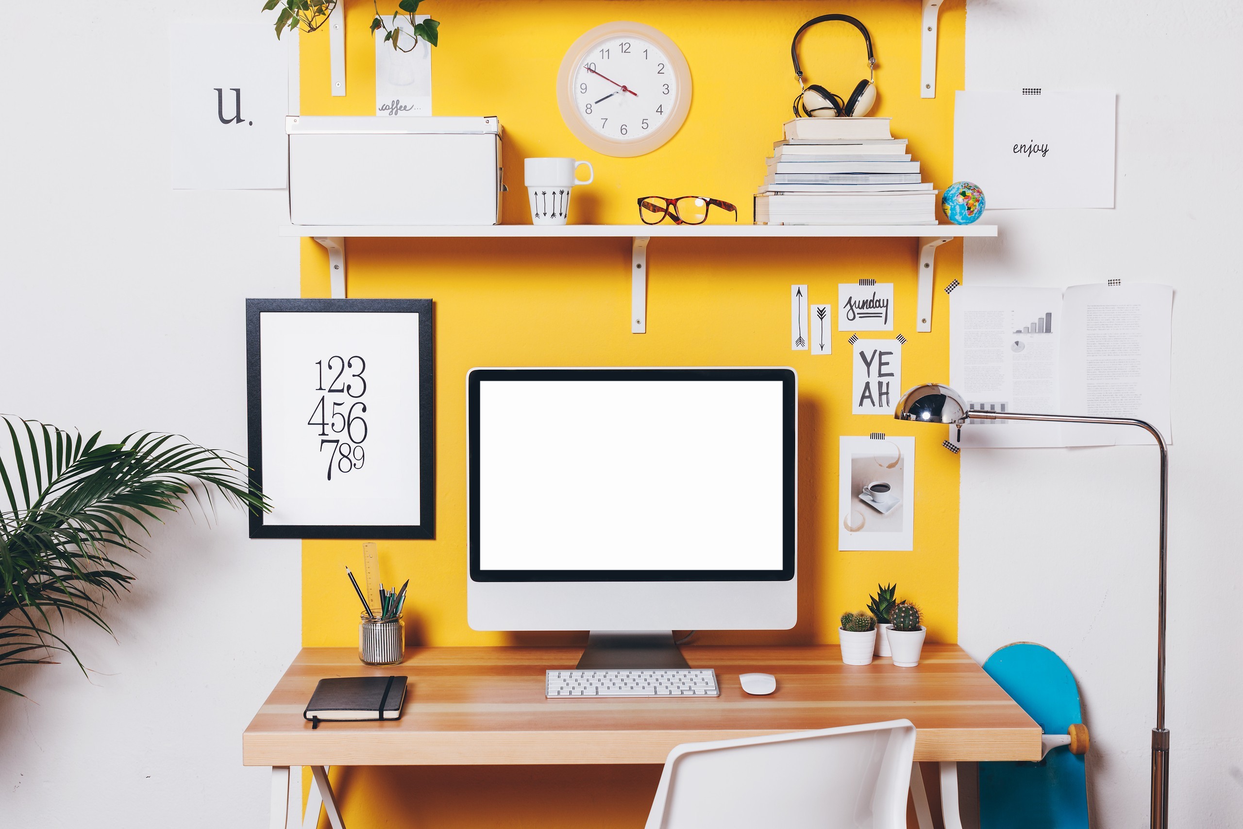 Modern Creative Workspace in Yellow with Secretary Desk Modern Creative Workspace in Yellow with Secretary Desk