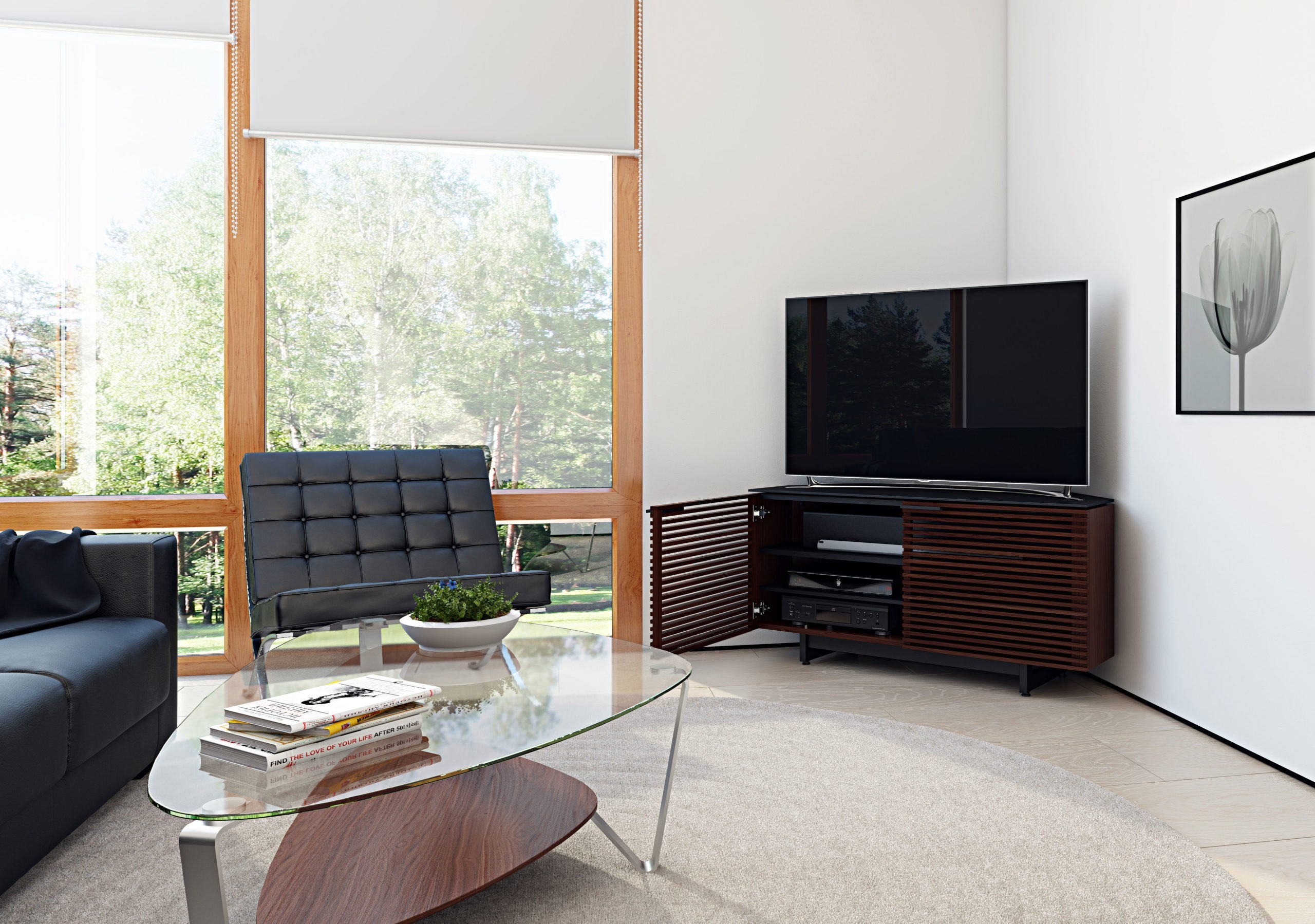 Wooden Tv Stand In The Corner Of A Room