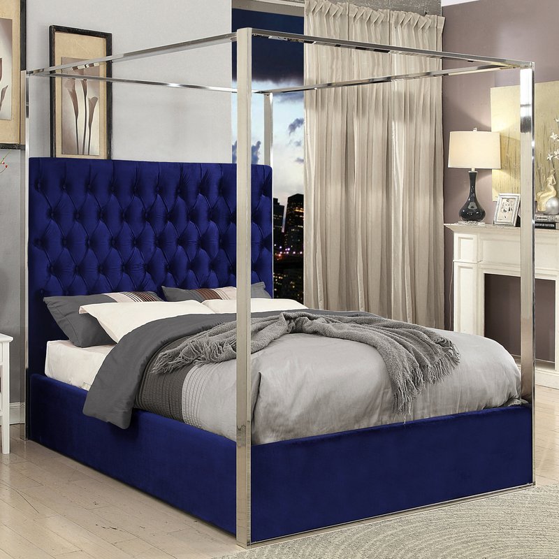 Navy Blue Tufted Platform Canopy Bed