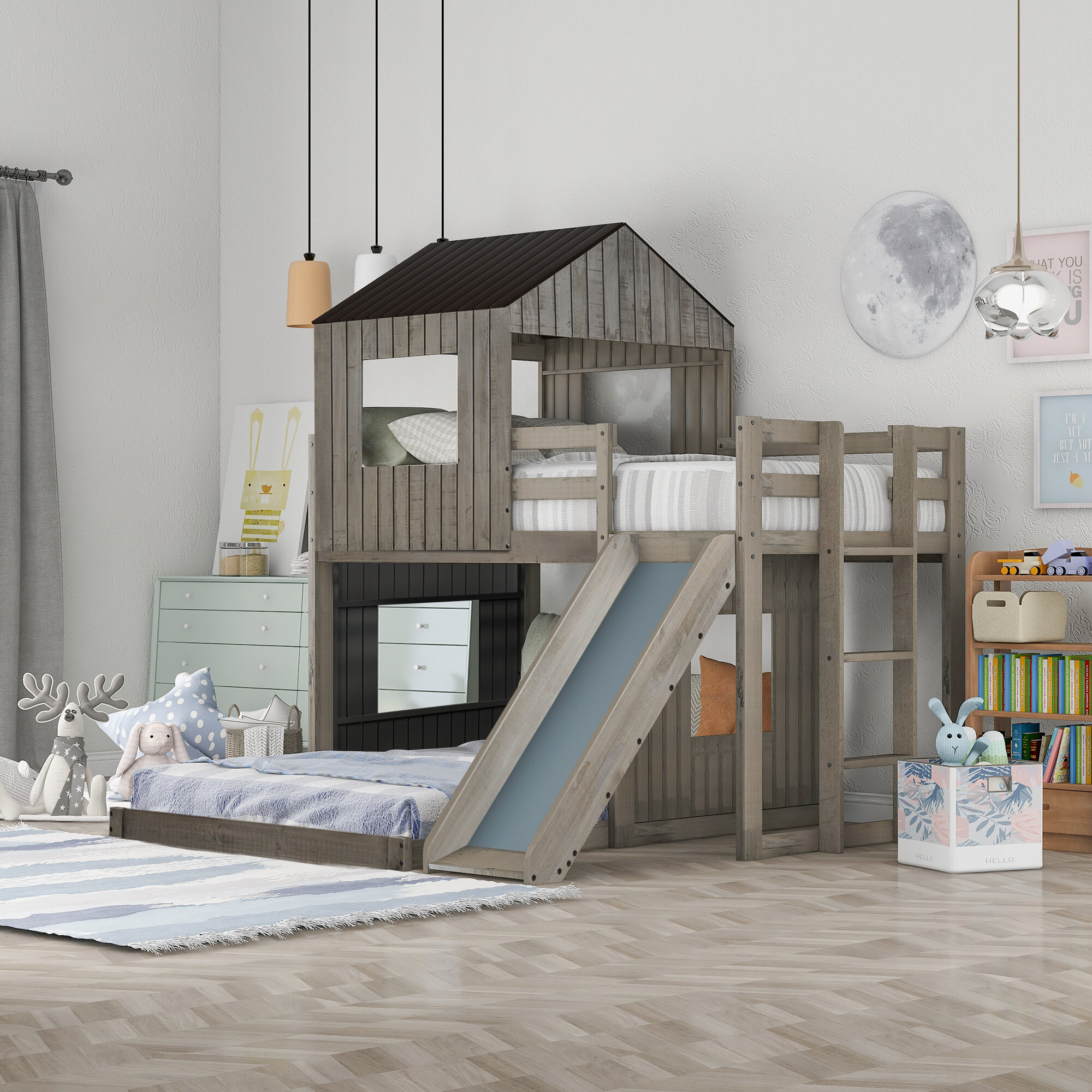 NORAN Wooden Twin Over Full Bunk Bed, Loft Bed with Playhouse, Farmhouse, Ladder &amp; Guardrails for Kids, Toddlers, Boys &amp; Girls (Antique Gray, Twin Loft Bed with Slide)