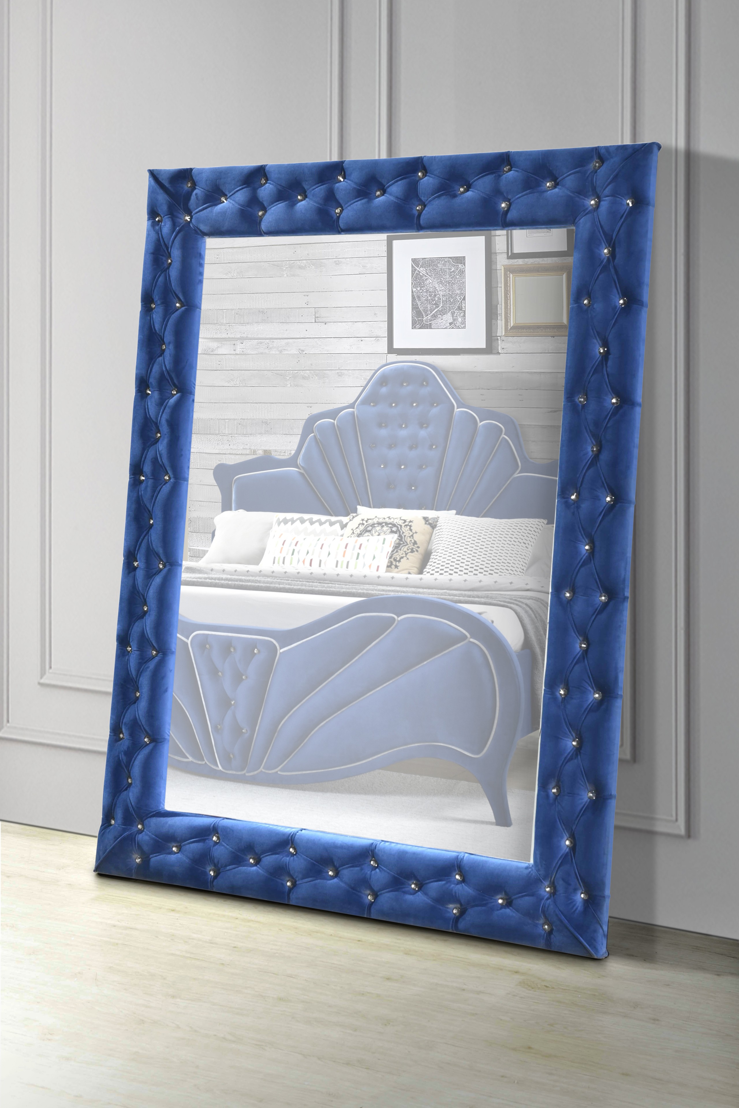 Padded Floor Mirror With Crystal-like Button Tufted In Blue Velvet