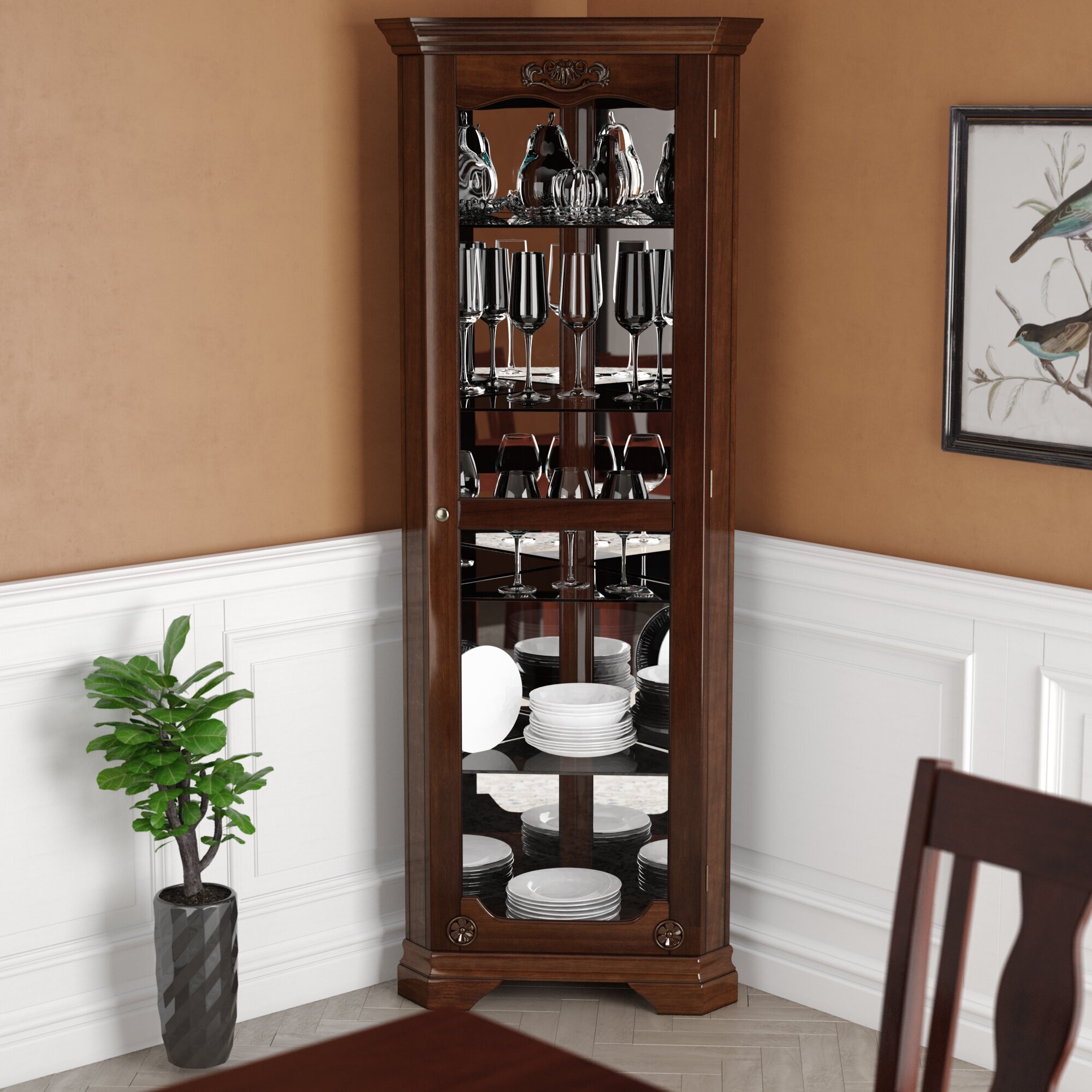 Pemberly Row Corner Glass Door Cabinet 