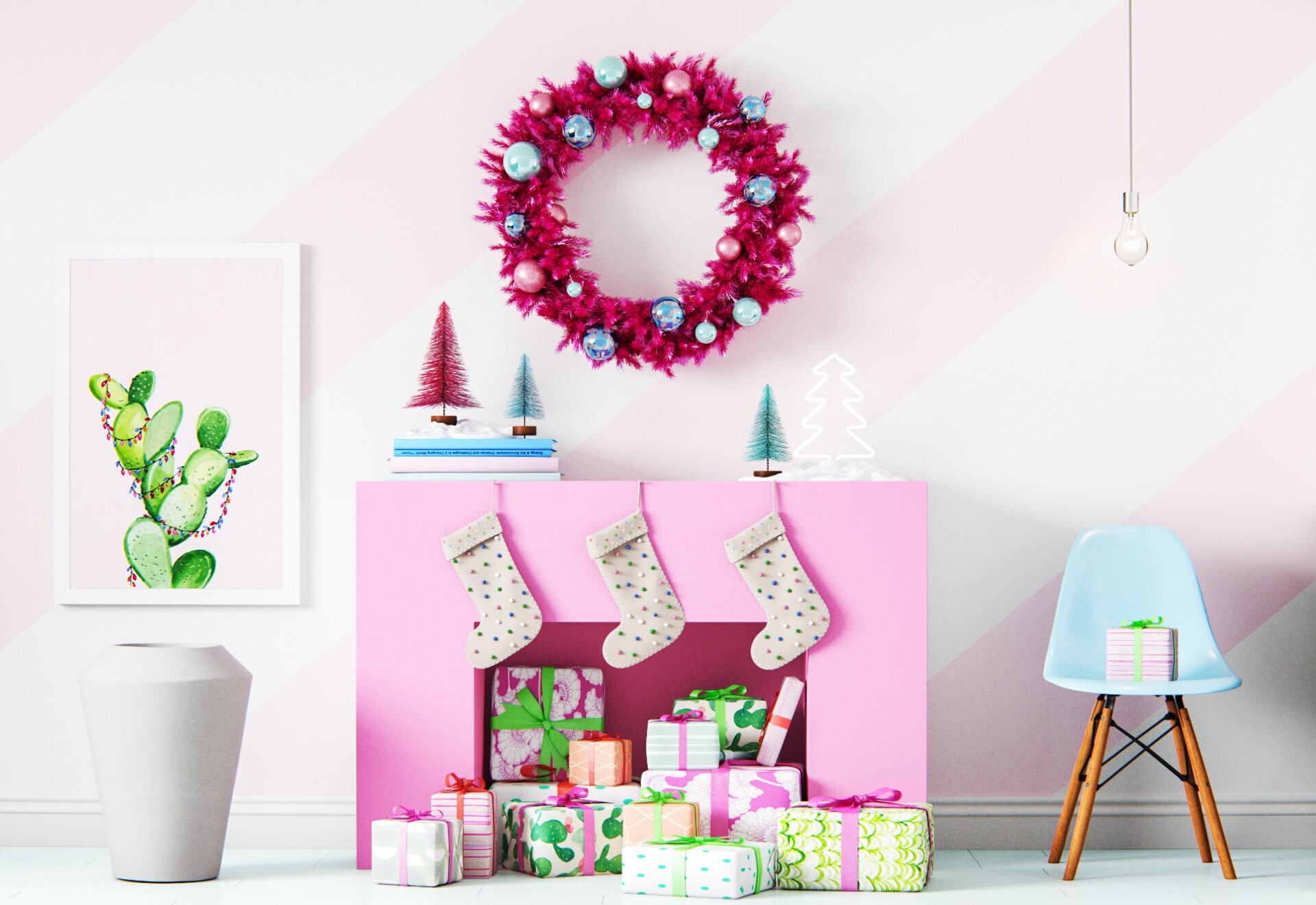 Pink Christmas Wreath over Mantel Pink Christmas Wreath over Mantel