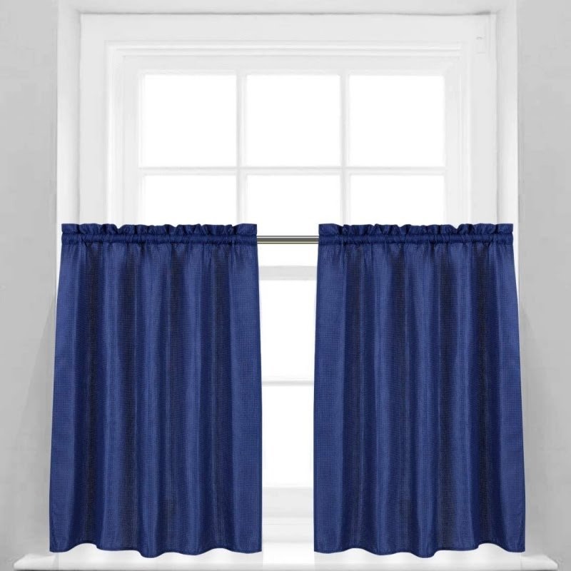 Valea Home Waffle Weave Textured Bathroom Window Curtains Water Repellent Short Curtains Window Covering Half Window Curtains Kitchen Tiers 36 inch Length, Navy Blue, Set of 2