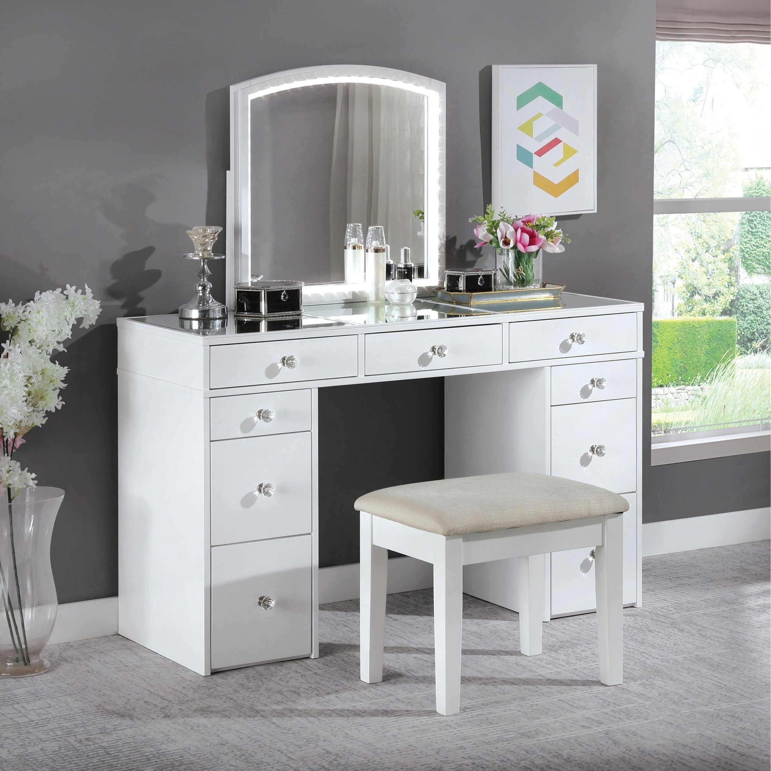 White vanity set with stool