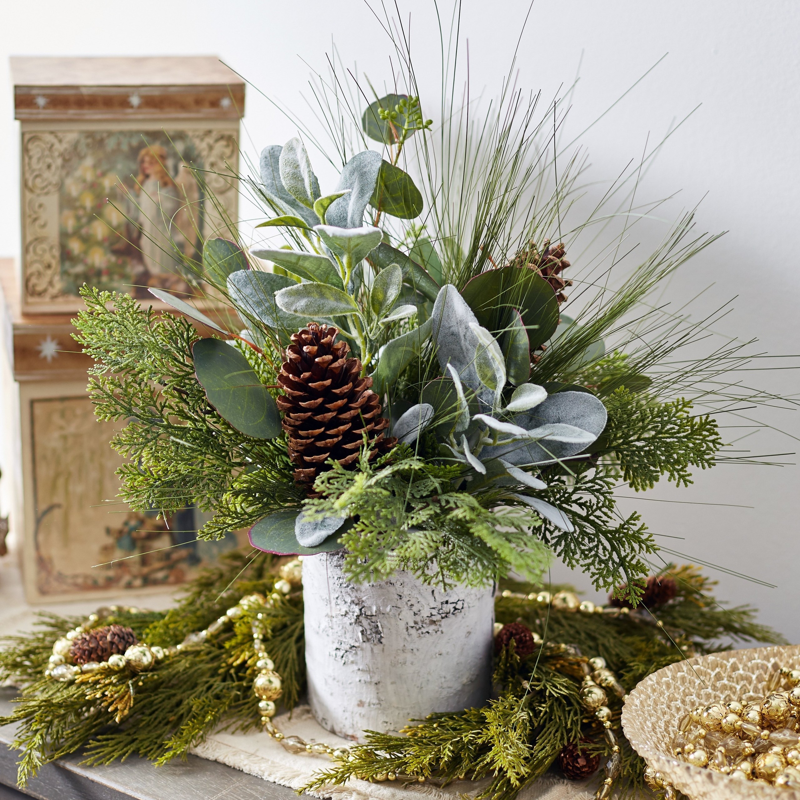 Winter Greenery and Pinecone Floral Arrangements