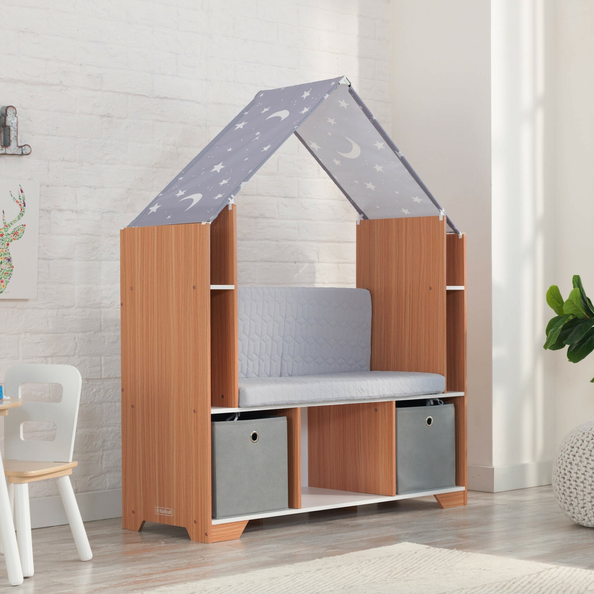 Wooden Reading Nook with Grey Accents Wooden Reading Nook with Grey Accents