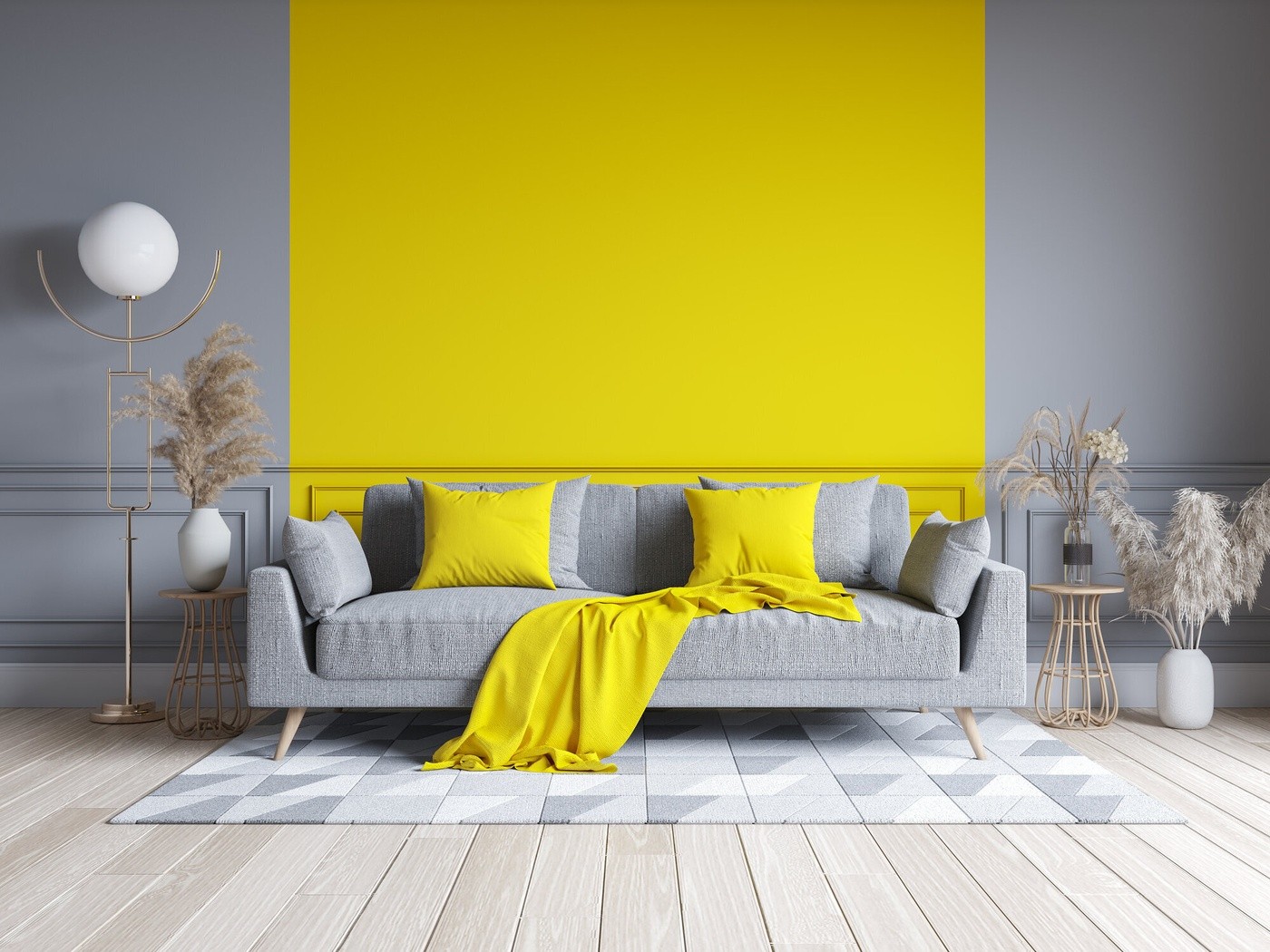 Yellow Gray Wall With Gray Sofa