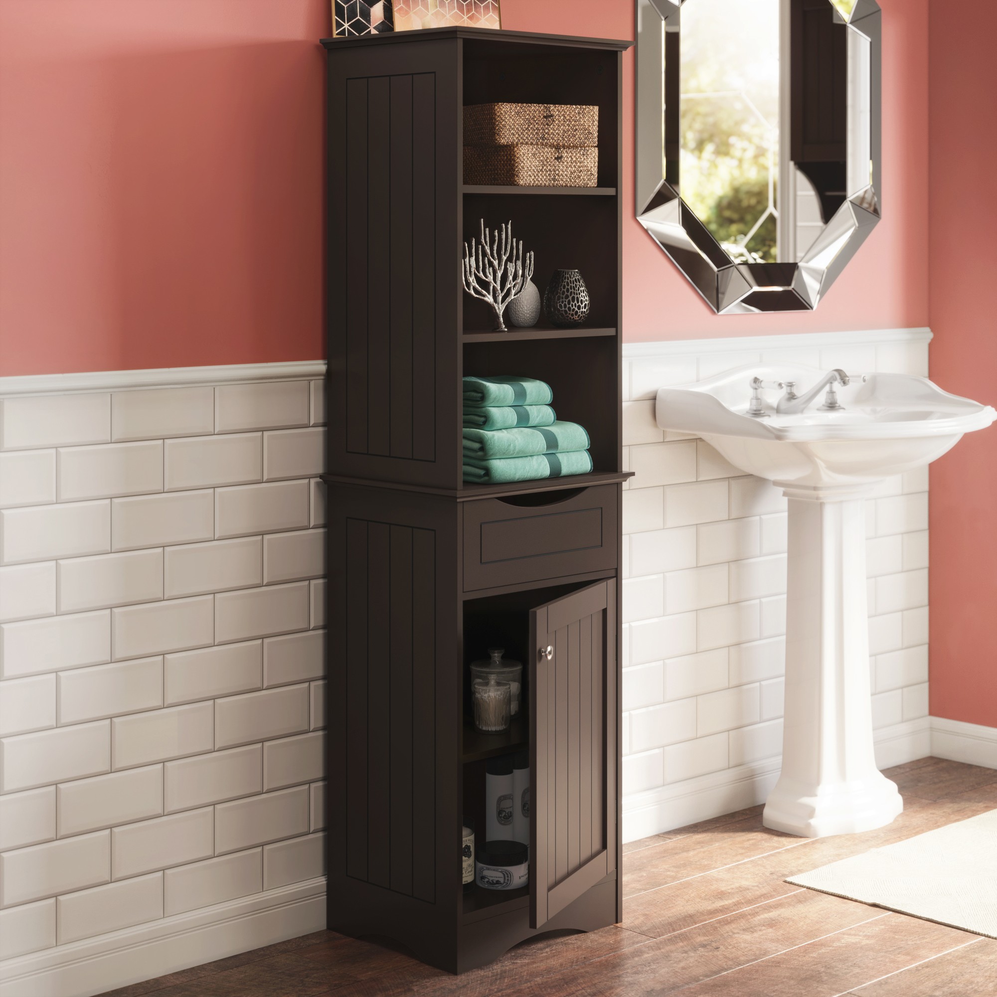 Sauder linen tower bath cabinet soft white finish