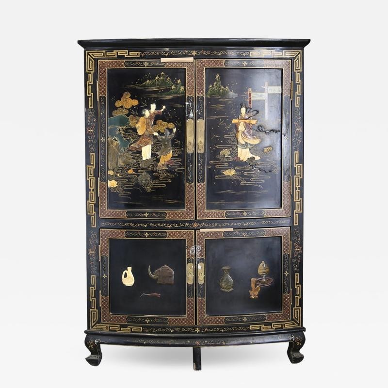 Chinese corner cabinet in black lacquer and hard stones