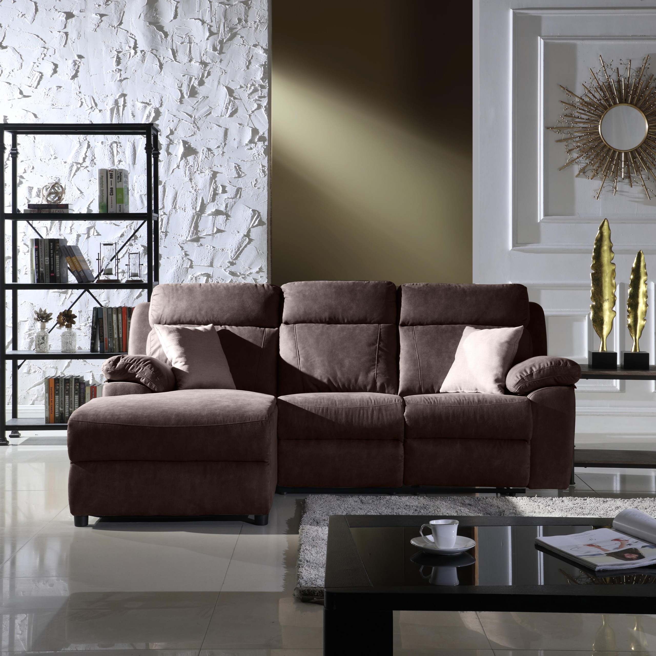 Classic Small Space Reclining Sectional Sofa Brown 