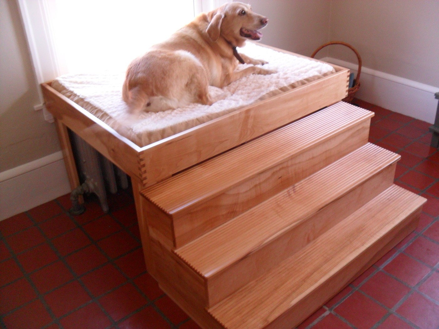 dog bed with stairs next to bed
