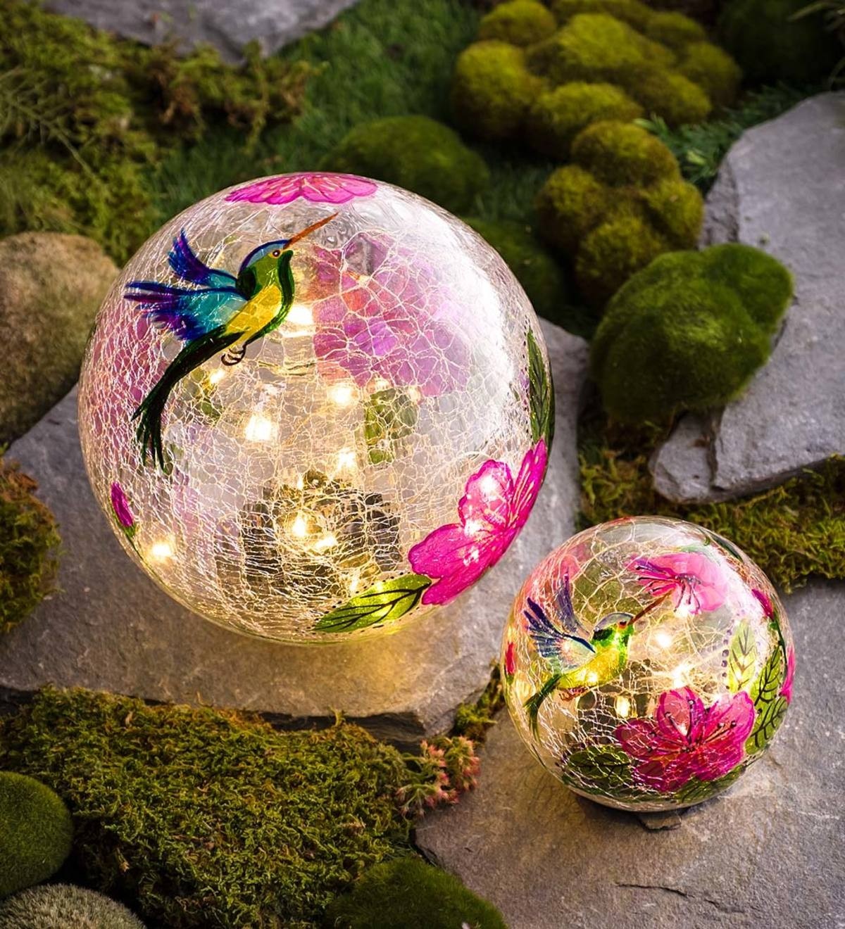 Hummingbird crackle glass solar globes set of 2 wind