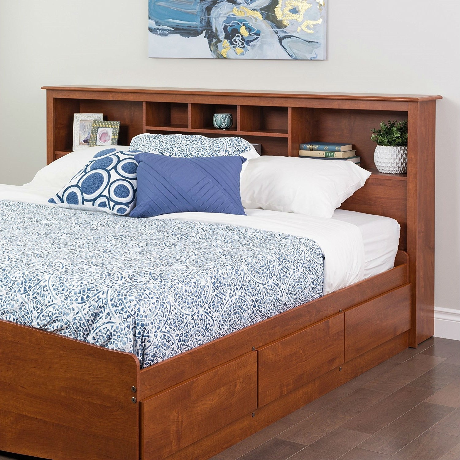 King Size Bookcase Headboard With Adjustable Shelf In 