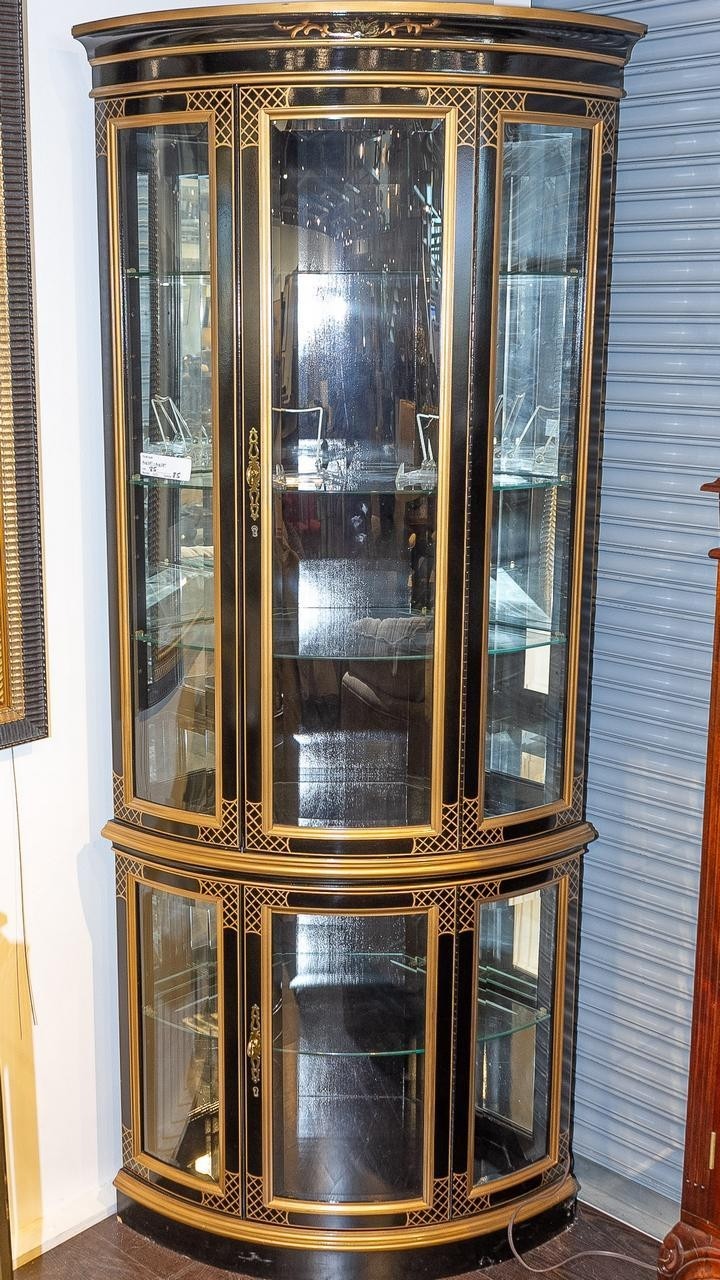 Lot a black lacquer and gilt corner china display cabinet