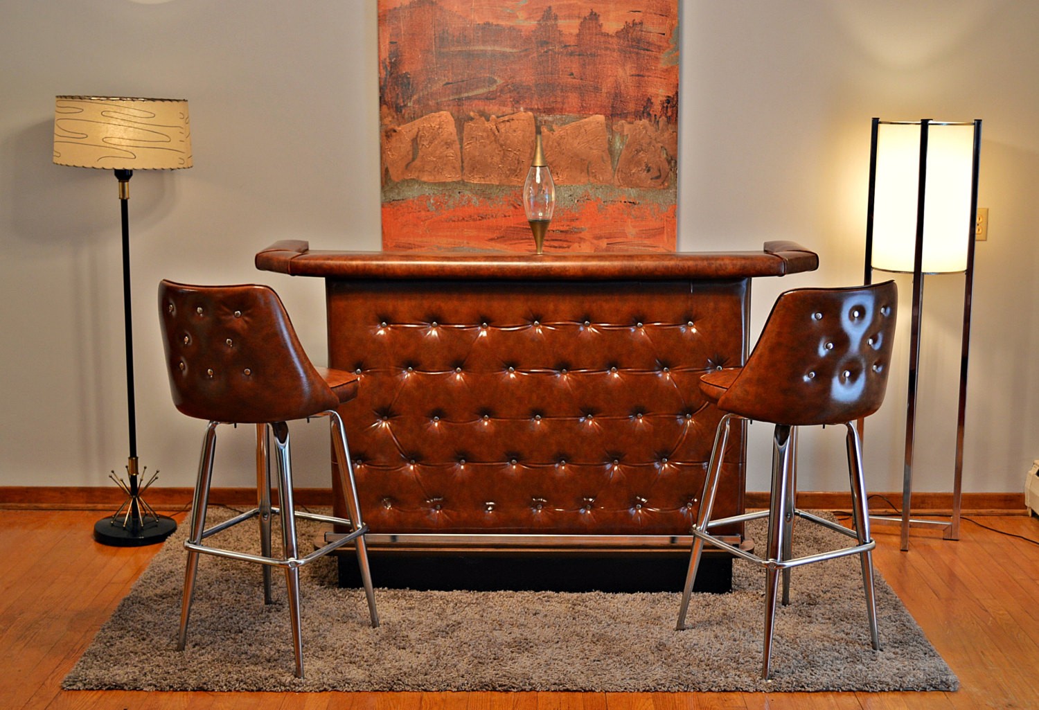 Mid century retro tufted home cocktail bar and 2 matching