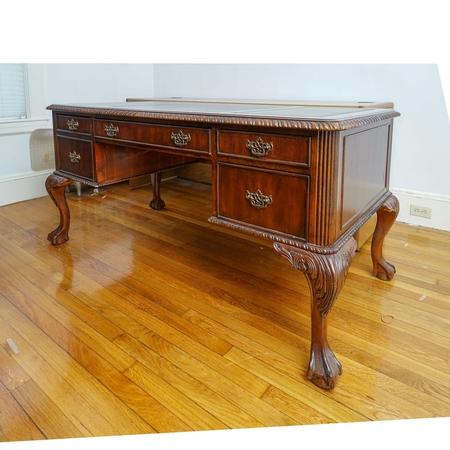 Chippendale style seven seas leather top mahogany desk 1