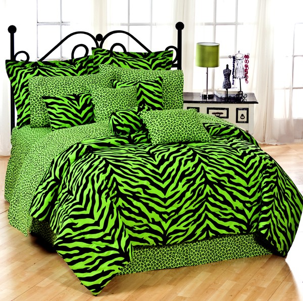Lime green zebra print comforter and bedding