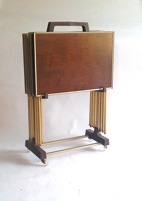 Tv tray set with cart 6 folding parquet wood by