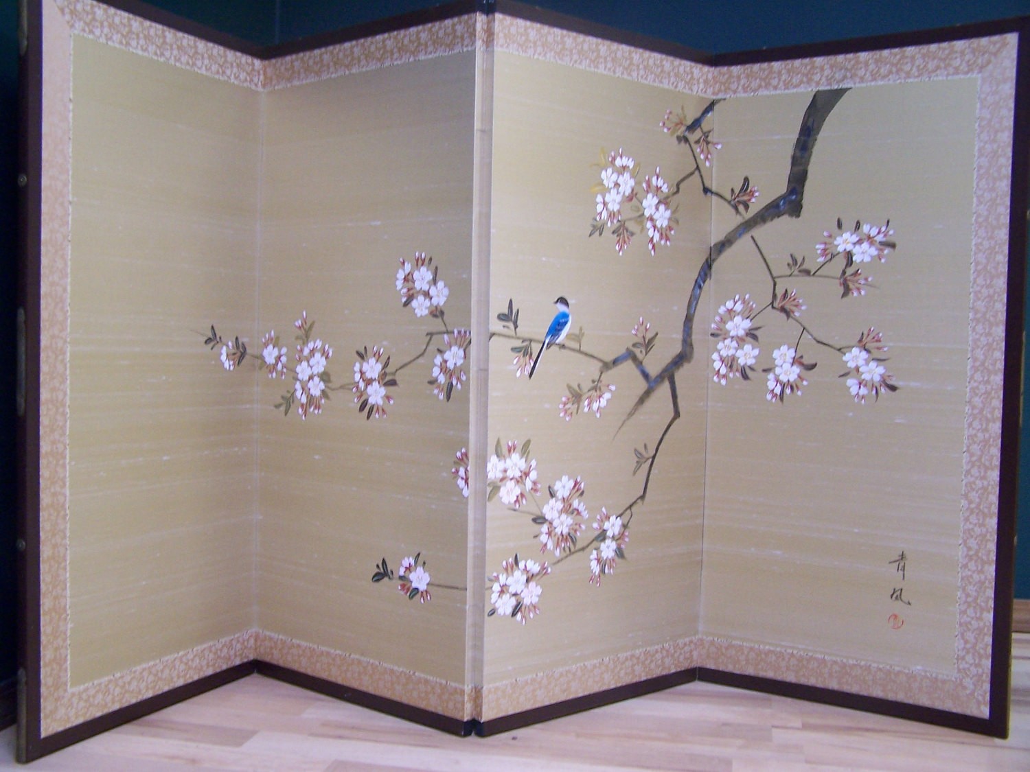 Vintage japanese room divider screen hand painted silk bird on