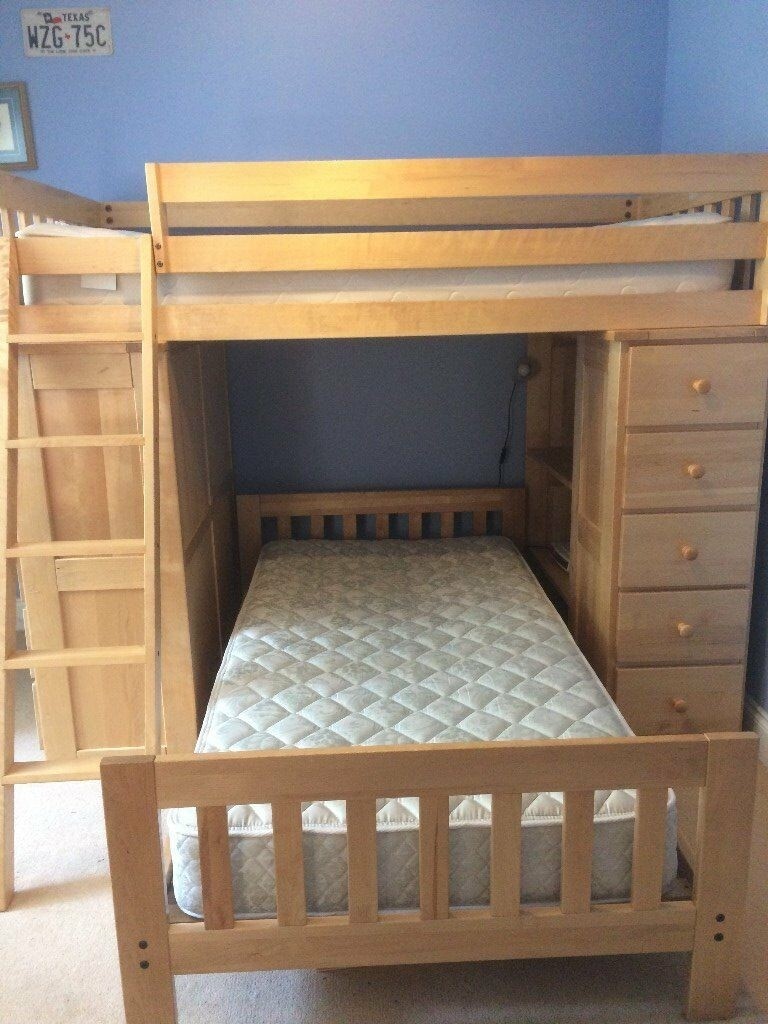Wooden t shaped bunk beds with built in desk and