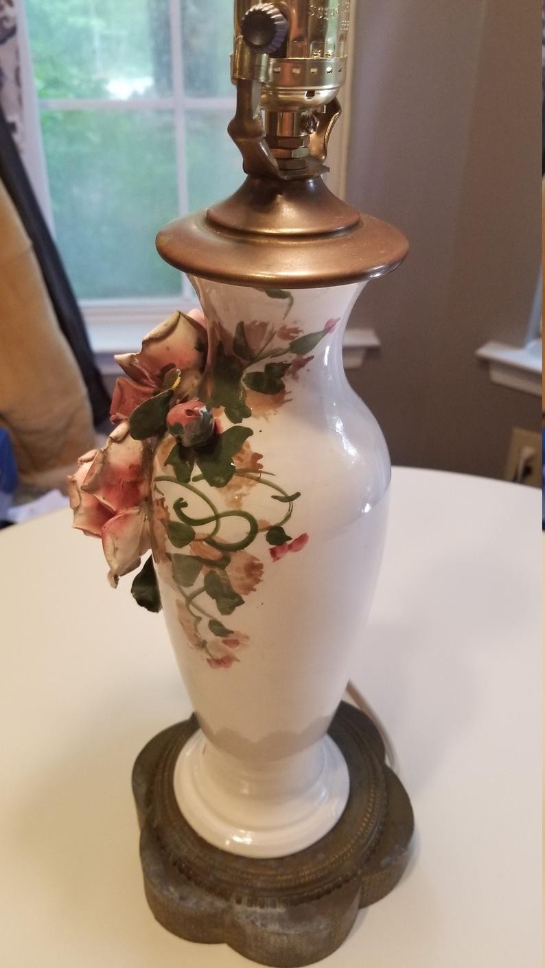 1980s handmade porcelain lamp with capodimonte style roses