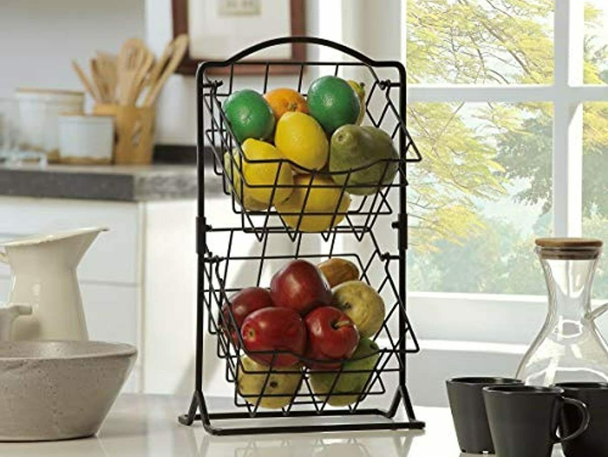 2 tier antique metal mini counter top fruit storage basket