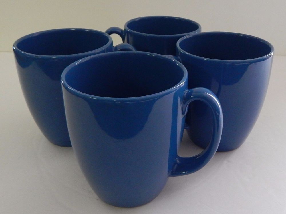 4 corelle blue stoneware coffee mugs tea cups 12 oz