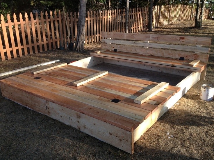 8x8 sandbox with lid that folds up to be benches