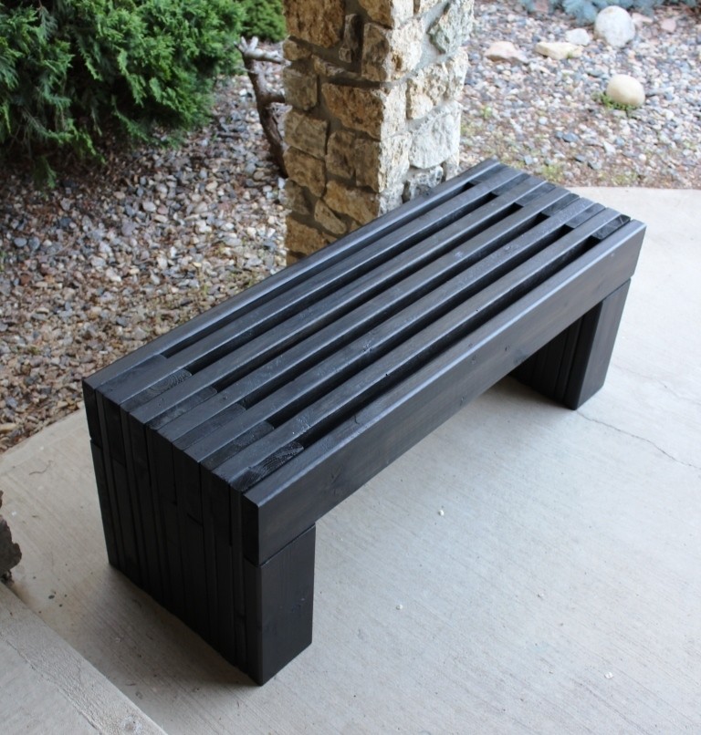 Ana white modern slat top outdoor wood bench diy projects