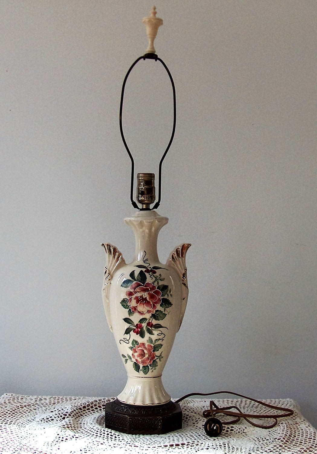 Antique hand rose painted porcelain table lamp