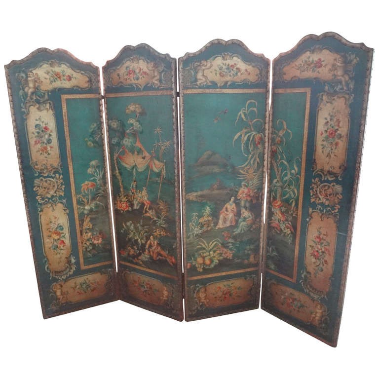 Antique italian 4 panel leather chinoiserie screen or room