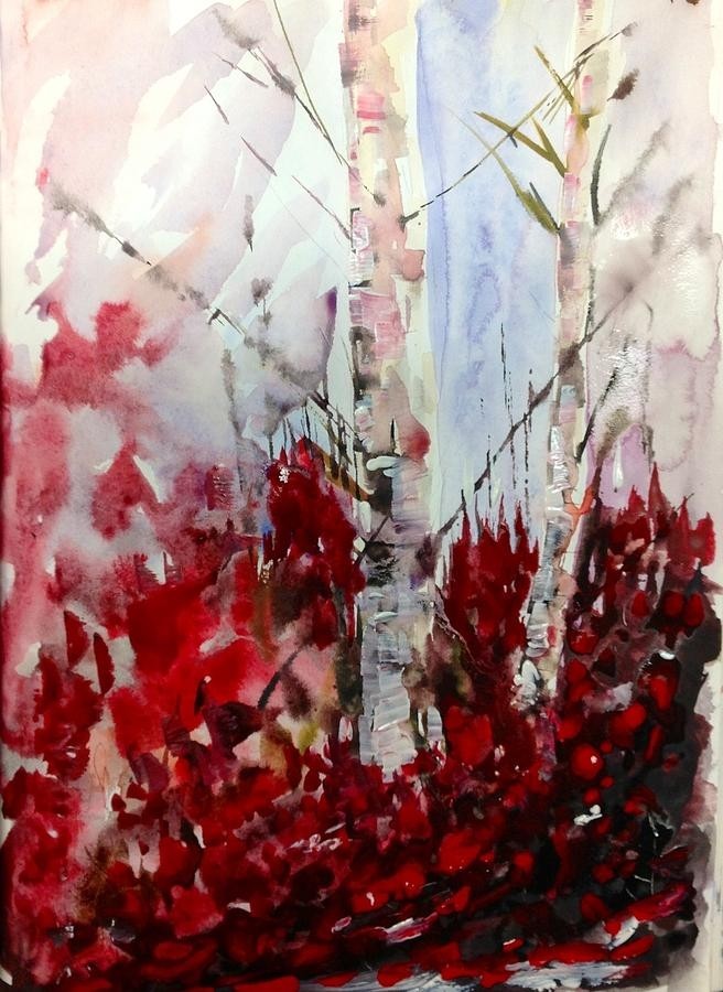 Birch trees red fall foliage painting by desmond raymond