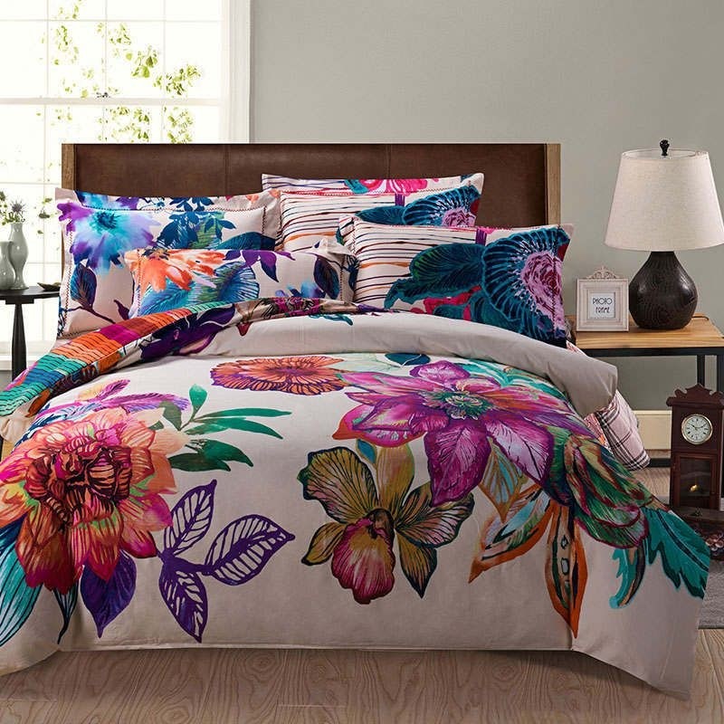 Bright purple blue colored painting flower print bedding