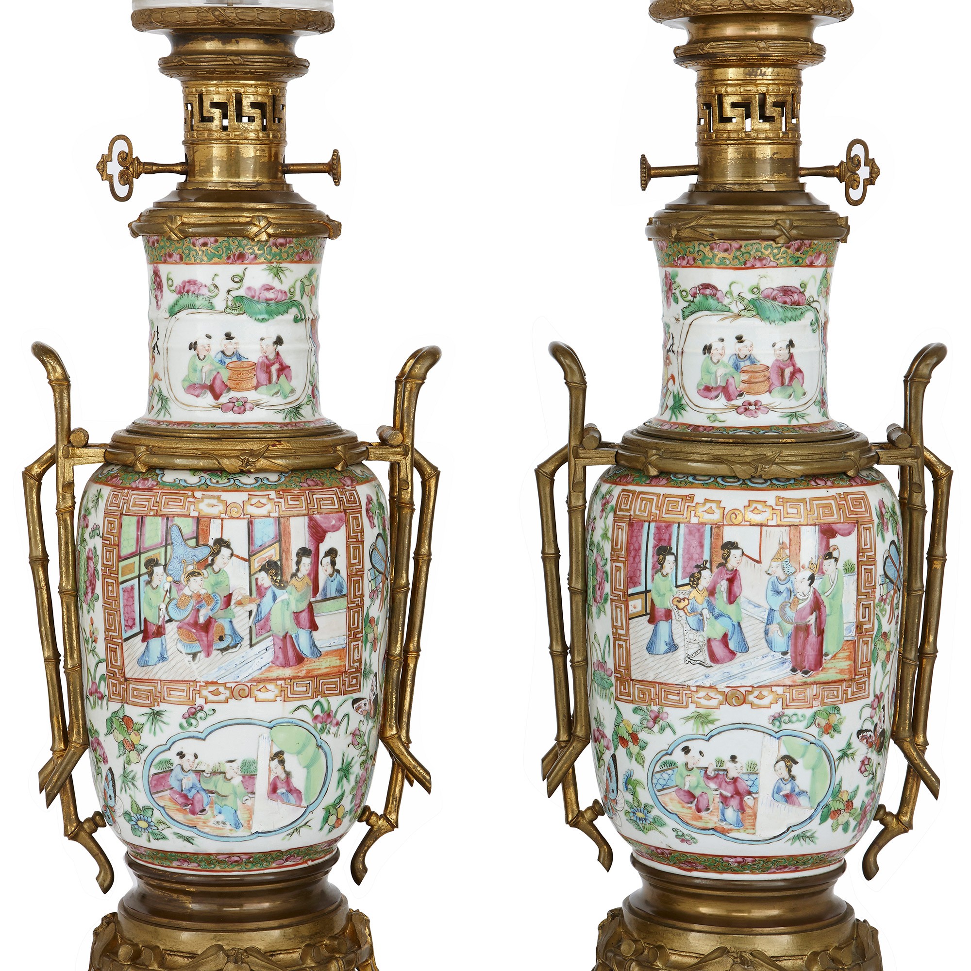 Chinese canton famille rose porcelain lamps with ormolu